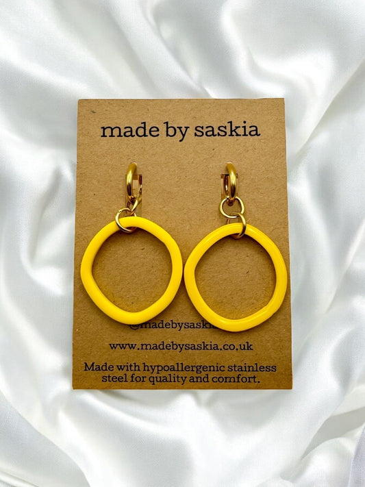 Bright yellow reversible hoop huggie earrings - Earrings - Made by Saskia