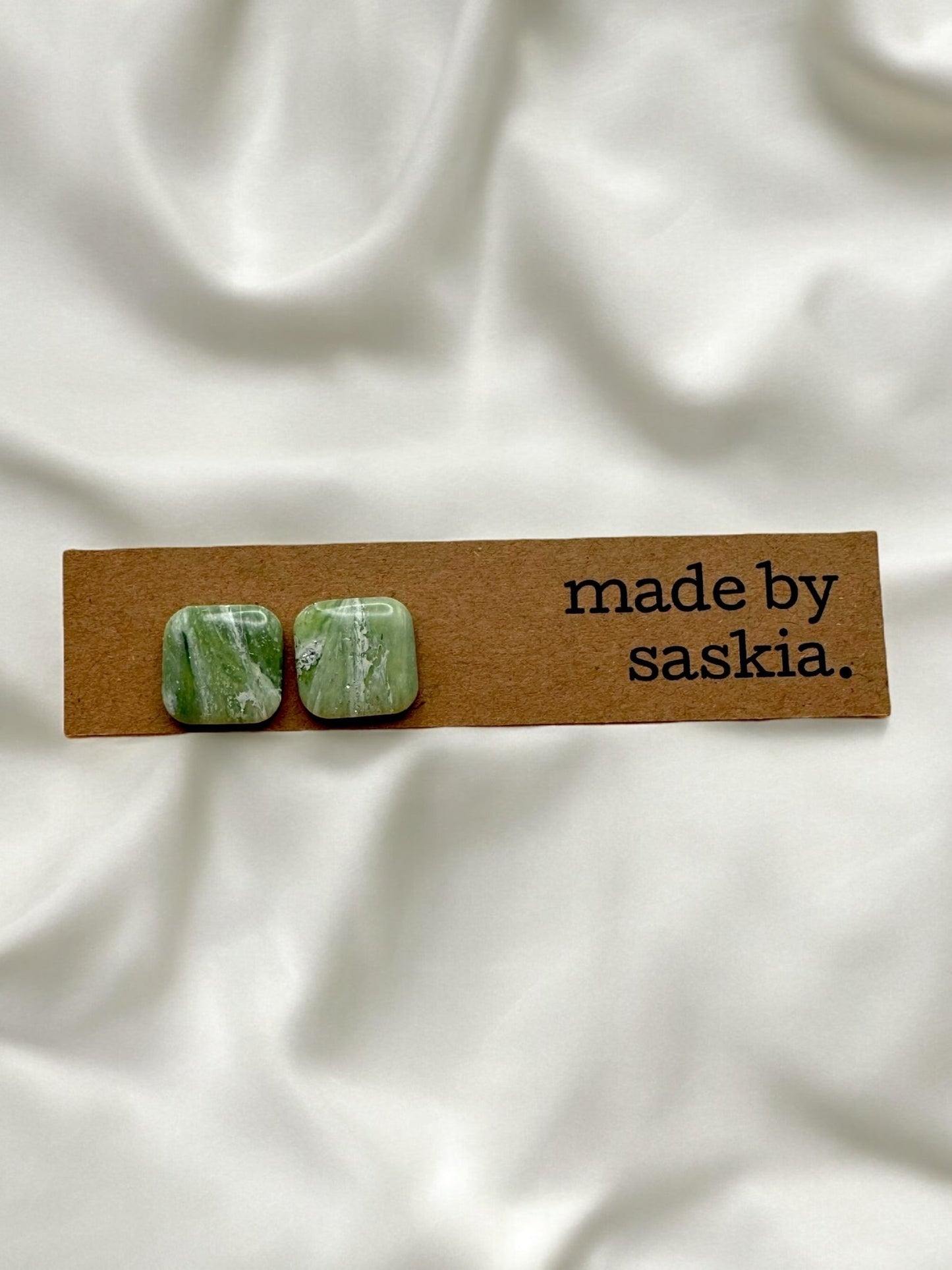 Green marble square studs - Earrings - Made by Saskia