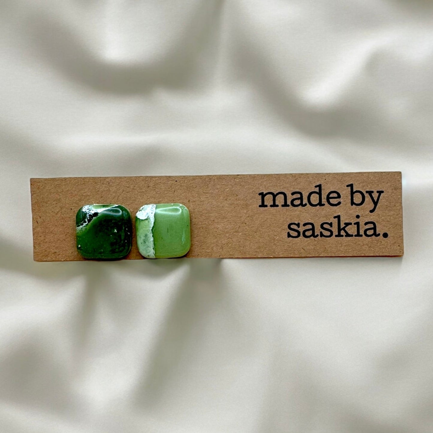 Green marble square studs - Earrings - Made by Saskia