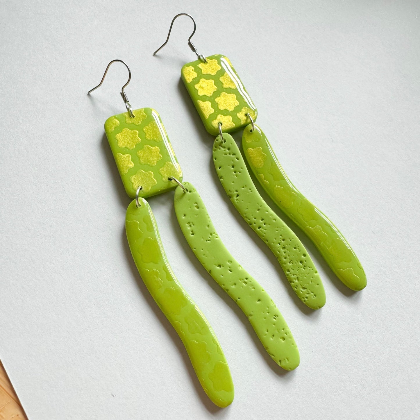 Lime green and iridescent yellow flowers statement dangle earrings - Earrings - Made by Saskia