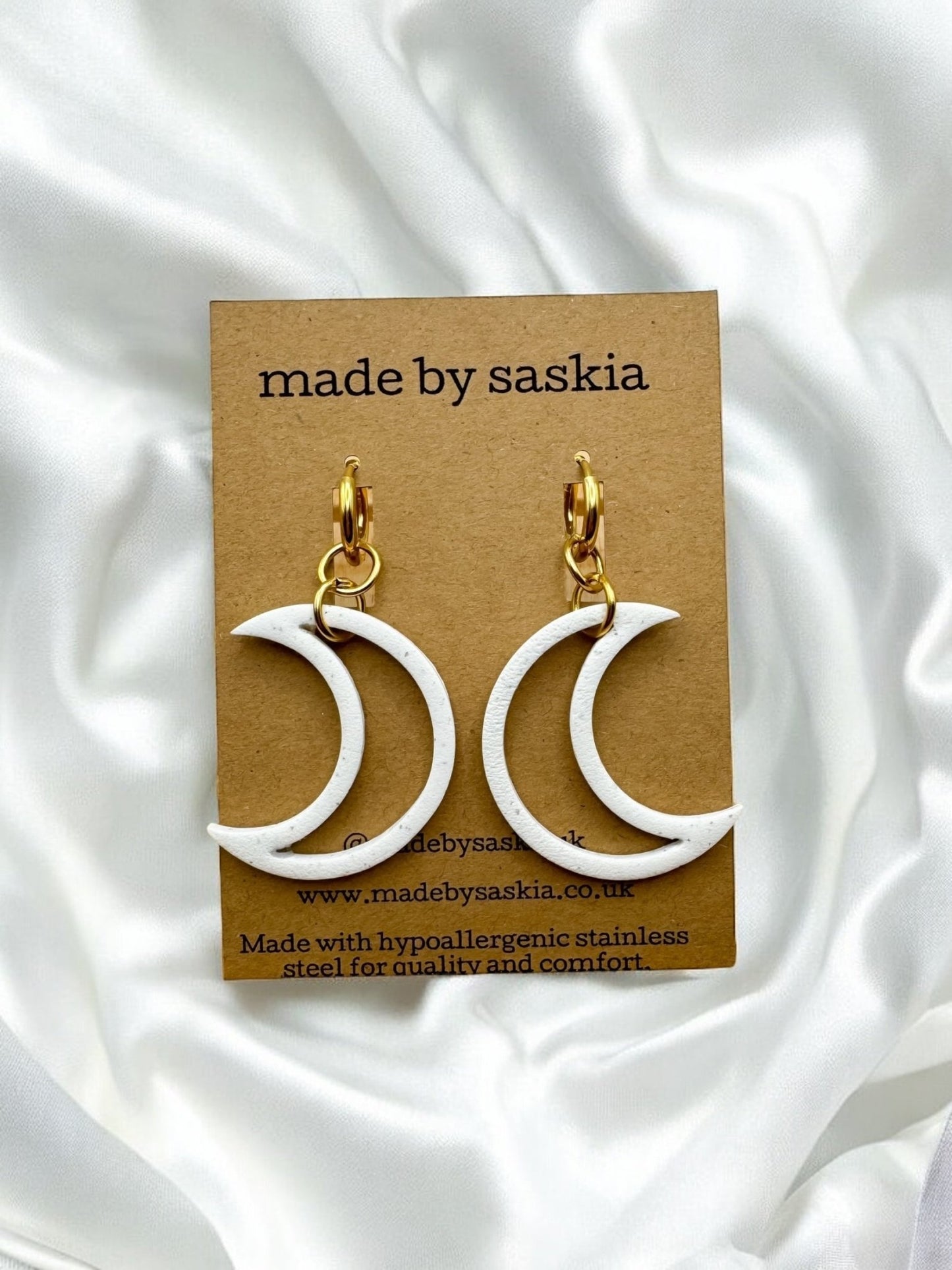 *oops!* White speckle large moon hoop huggie earrings - Earrings - Made by Saskia