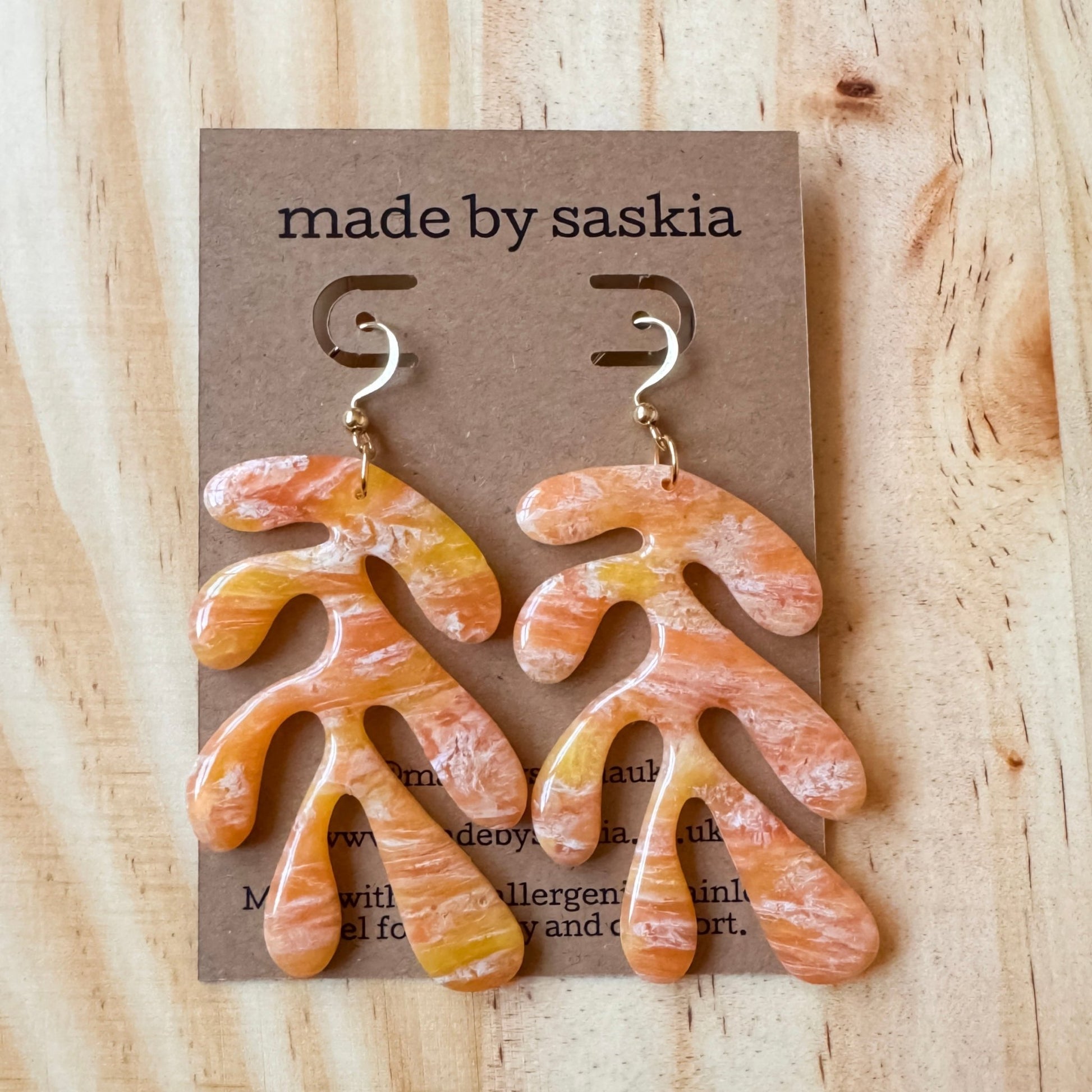 Orange and yellow marble abstract dangle earrings - Earrings - Made by Saskia