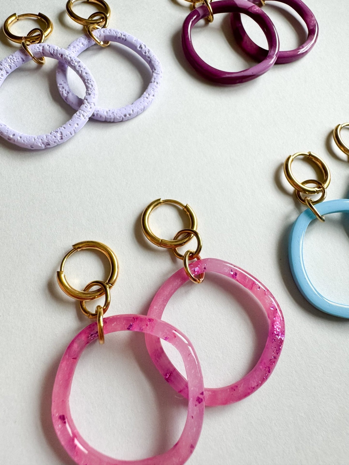 Pink gemstone effect hoop huggie earrings - Earrings - Made by Saskia