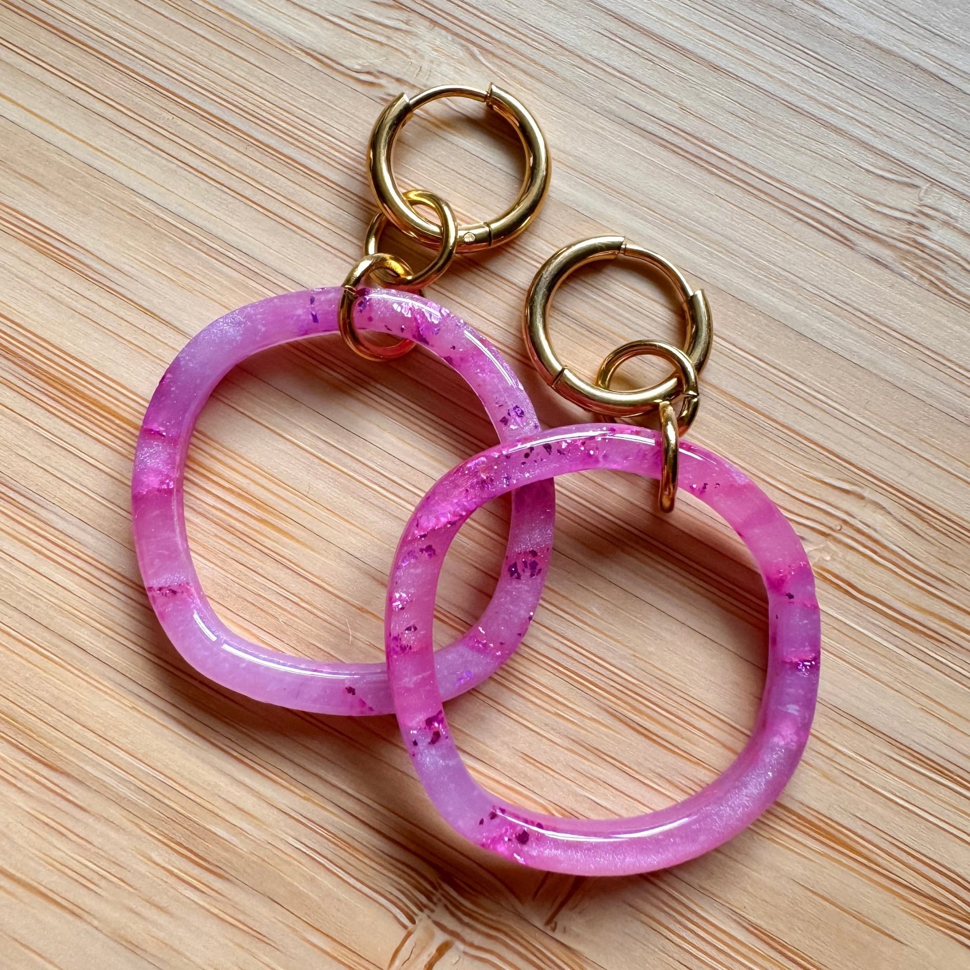 Pink gemstone effect hoop huggie earrings - Earrings - Made by Saskia