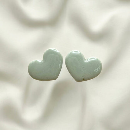 Sage green speckle heart studs - Earrings - Made by Saskia