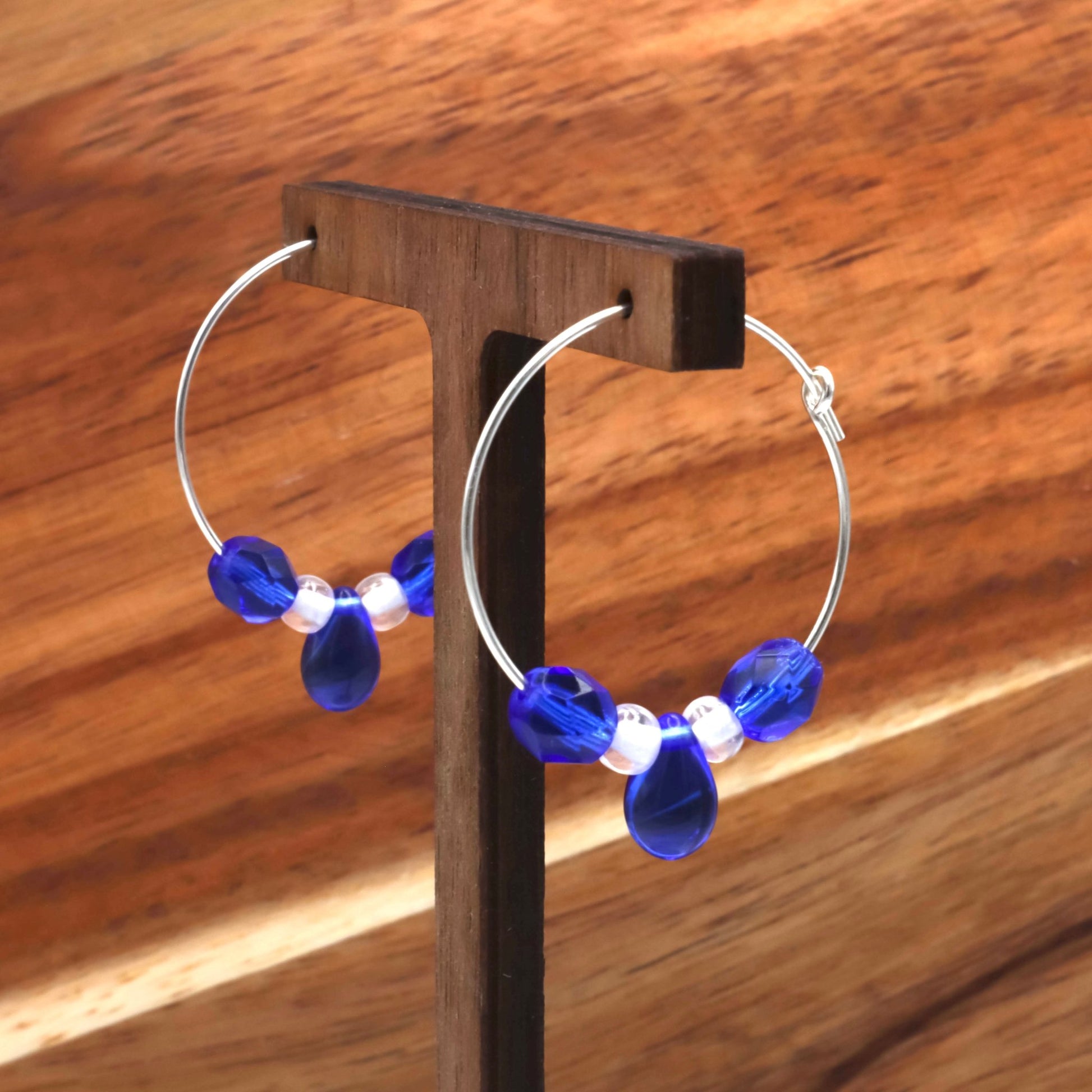 Sterling silver blue glass beaded hoop earrings - Earrings - Made by Saskia