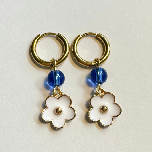 White and blue flower pendant huggie hoop earrings - Earrings - Made by Saskia