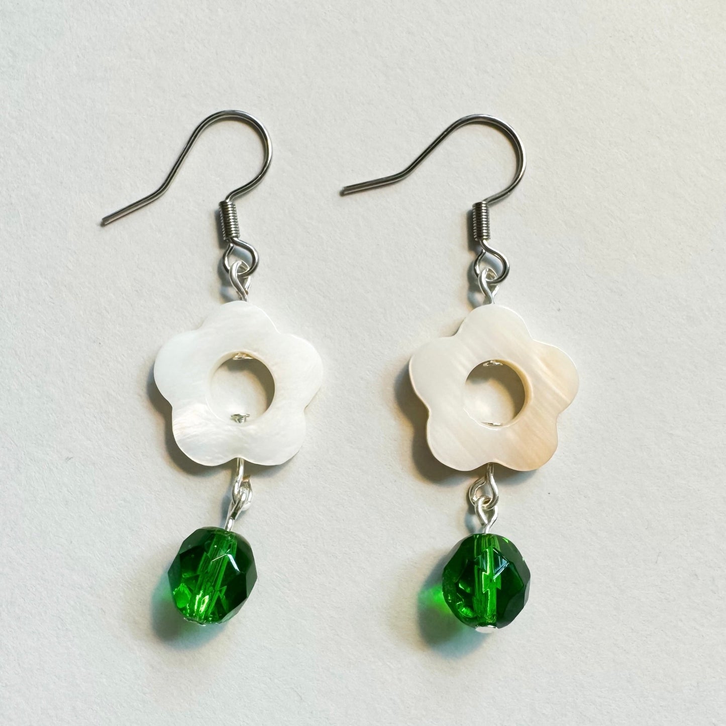 White and green flower shell hook earrings - Earrings - Made by Saskia