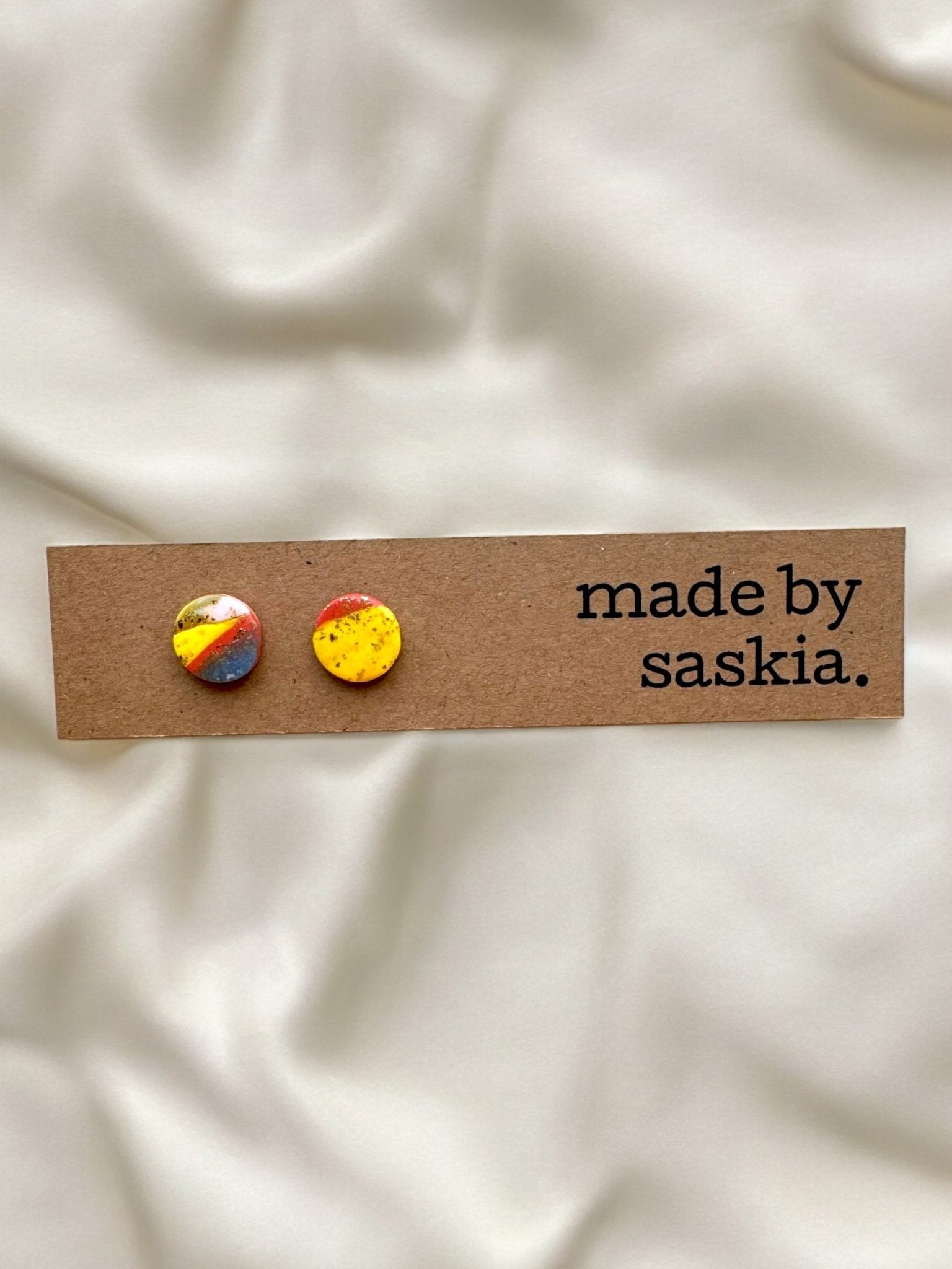 Yellow, orange and blue metallic abstract simple studs - Earrings - Made by Saskia