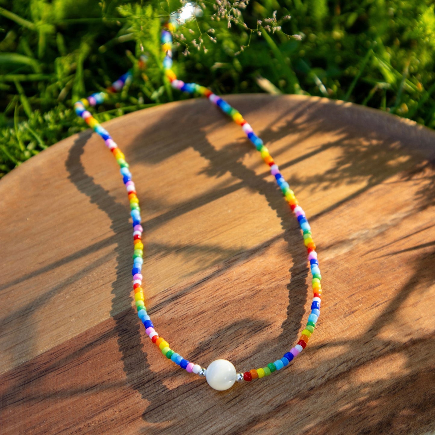 Sterling silver metallic rainbow and mother of pearl beaded necklace - Necklaces - Made by Saskia